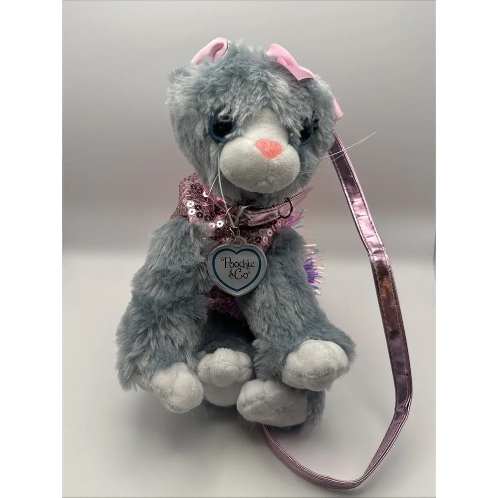 Poochie & Co Gray Plush Kitty Purse w/Strap Pink Sequined TuTu Collar & Tag Zip